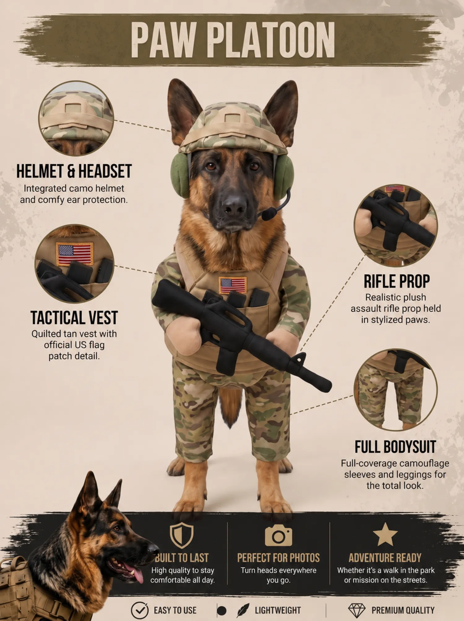 Military Dog Costume – Tactical Soldier Outfit with Helmet & Rifle